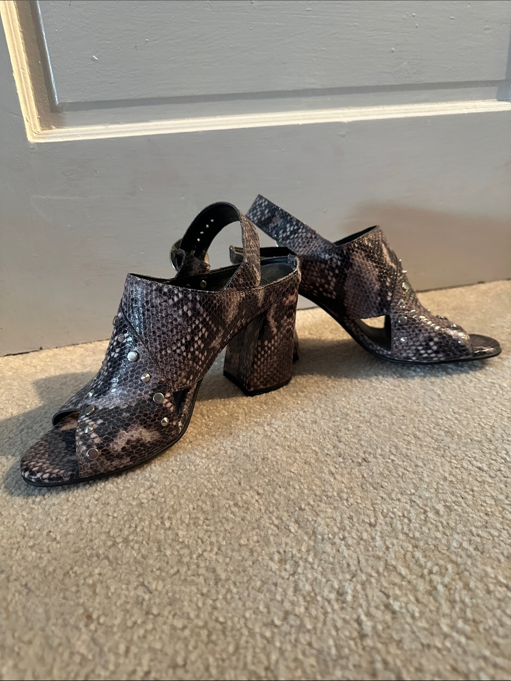 Topshop Snake-Print Studded Block Heel Mules - Gray